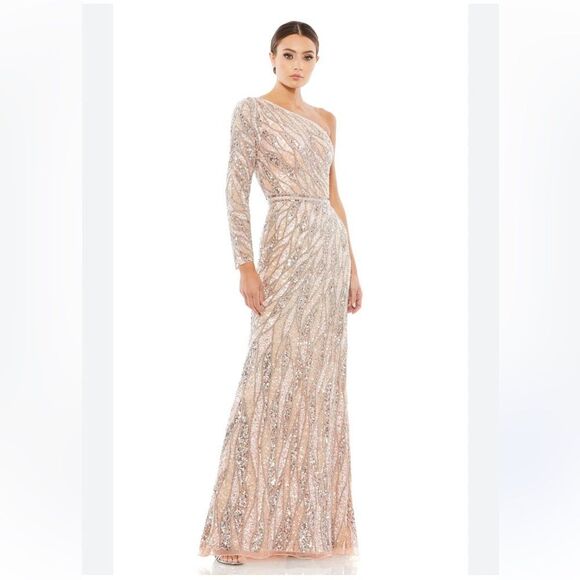 Mac Duggal One Shoulder Sequin Dress in Silver and Cream - Picture 1 of 9